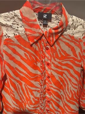 Iz Byer Orange and Beige Zebra-Print Button-Up Blouse with Lace Yoke